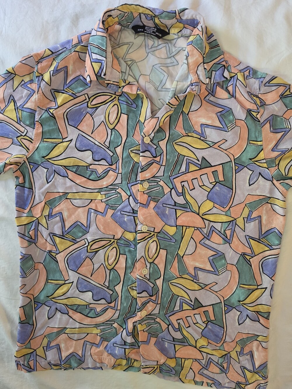 Bershka Geometric Abstract Print Shirt S Rayon Viscose Pastel Festival Retro